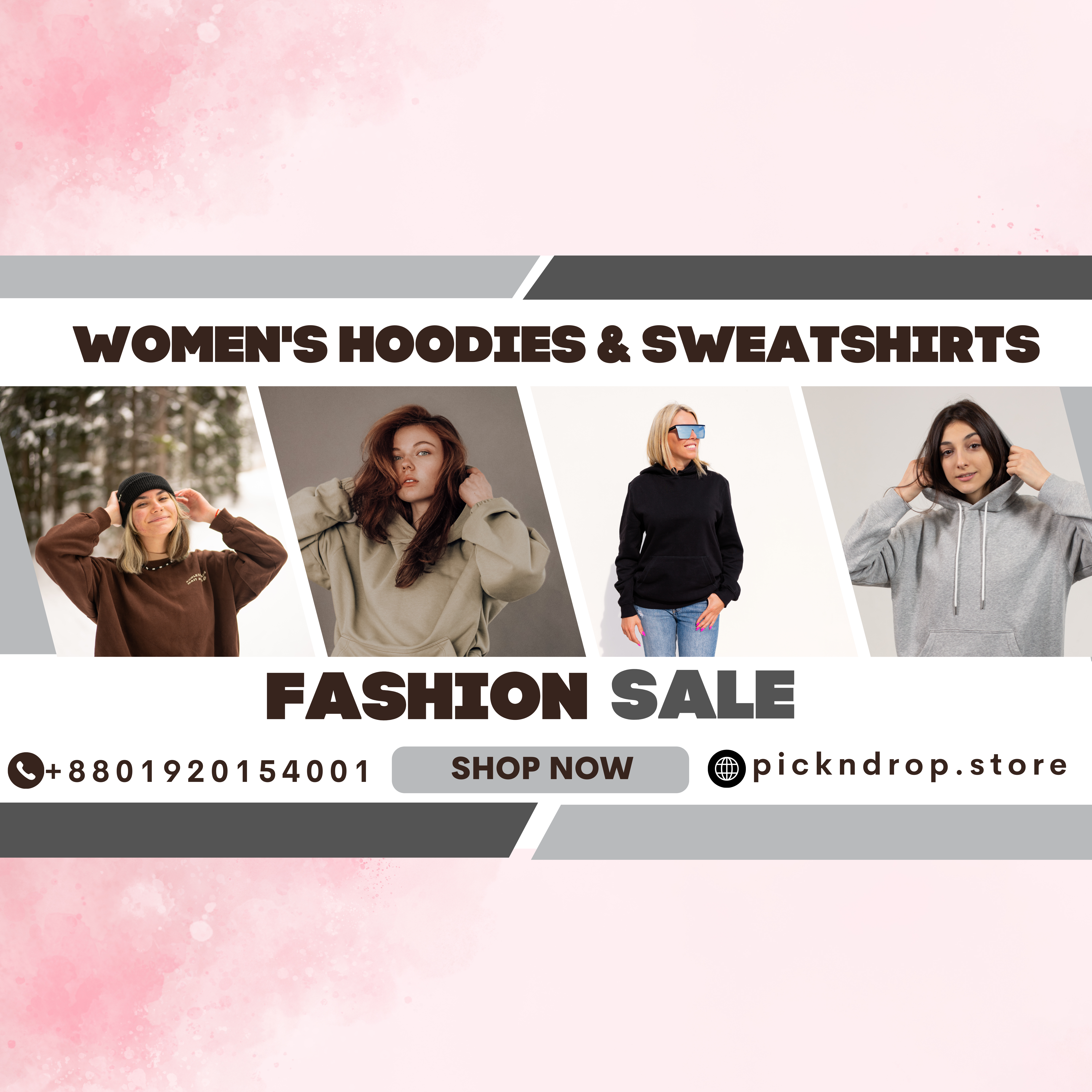 Image showcasing Women's Hoodies & Sweatshirts with models wearing various styles and a fashion sale announcement.