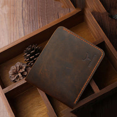 Retro short wallet for men – coffee cowhide horizontal bifold front view