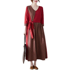 Long Sleeve V-neck Stitching Cotton And Linen Plus Size Slimming Dress Women