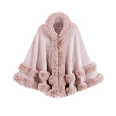 Oversized Knitted Cape Outer Shawl Artificial Fur Collar Hooded Warm Jacket