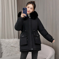 Waist Slimming Elegant Parka Cotton-padded Coat Fur Collar Western Style Velvet Lining Warm Coat in black on model.