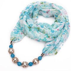Print Alloy Pendant Scarf Beaded Pendant ScarfPrinted Chiffon Necklace