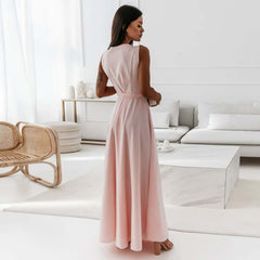 V-neck Sleeveless Dress With Belt Summer Fashion Party Club Evening Maxi Dresses For Women Clothing