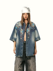 Washed-out Vintage Stitching Embroidered Floral Denim Shirt