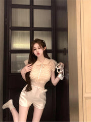 French Style Bow Lapel Chiffon Short Sleeve Shirt