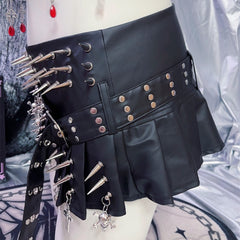 Rivet Skull Cross Punk Niche Street PU Leather Metal Pleated Skirt