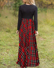 Printed Plaid Pocket Milk Silk Round Neck Long Sleeve Big Sleeve Dress