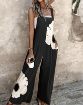 Floral Print Adjustable Strap Pocket Design Wide Leg Suspender Jumpsuit