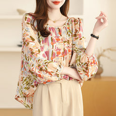 Real Shot French Style Vintage Floral Nine-quarter Sleeve Shirt For Women