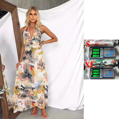 Printed Tied V-neck Waist-tight A- Line Dress