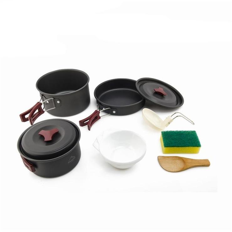 Camping cookware set aluminum – 9-piece outdoor pot pan bowl kit front view