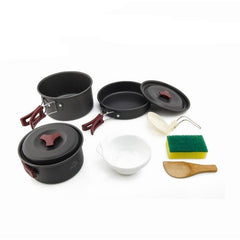 Camping cookware set aluminum – 9-piece outdoor pot pan bowl kit front view