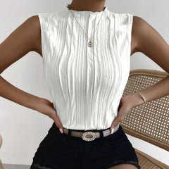 Ladies' Fashionable Versatile Solid Color Pleated Fabric Pleated Collar Detail Off Shoulder Slim Fit Vest Top