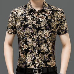 Summer Men's Middle-aged Printed Shirt Short Sleeve Stretch Ice Silk Leisure
