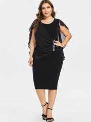 Round Neck Short Sleeve Chiffon Shawl Tight-Fitting Plus Size Dress Women
