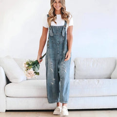 Retro Make Old Ripped Loose Wide Leg Denim Suspender Pants