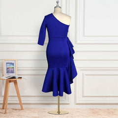 One Shoulder High Waist Large Size Slim Irregular Ruffle Gown Dress