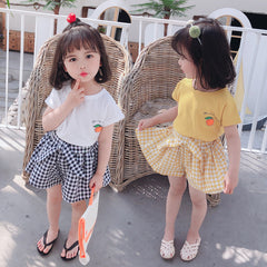 Girls Short-sleeved T-shirt Suit Plaid Skirt Pants Two-Piece Suit