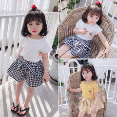 Girls Short-sleeved T-shirt Suit Plaid Skirt Pants Two-Piece Suit