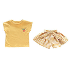 Girls Short-sleeved T-shirt Suit Plaid Skirt Pants Two-Piece Suit