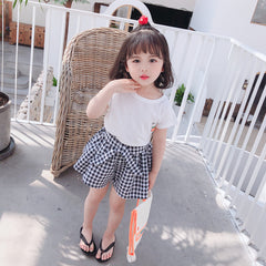 Girls Short-sleeved T-shirt Suit Plaid Skirt Pants Two-Piece Suit