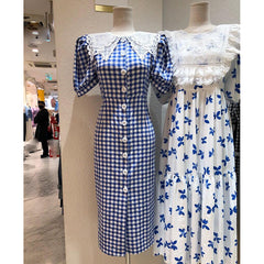 Summer New Temperament Lace Stitching Doll Collar Short Sleeve Dress Women