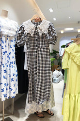 Summer New Temperament Lace Stitching Doll Collar Short Sleeve Dress Women