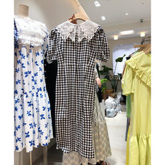 Summer New Temperament Lace Stitching Doll Collar Short Sleeve Dress Women