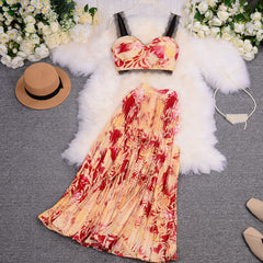 Vacation Style Suit Sexy Lace Camisole Pleated Skirt