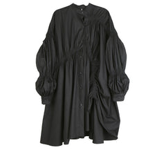 Pleated Shirt Stand Collar Lantern Long Sleeve Irregular Dress