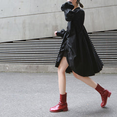 Pleated Shirt Stand Collar Lantern Long Sleeve Irregular Dress