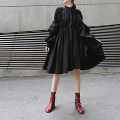 Pleated Shirt Stand Collar Lantern Long Sleeve Irregular Dress