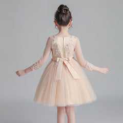 Short Long-Sleeved Champagne Girl's Puffy Catwalk Gown