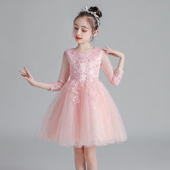Short Long-Sleeved Champagne Girl's Puffy Catwalk Gown