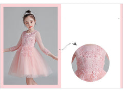 Short Long-Sleeved Champagne Girl's Puffy Catwalk Gown