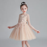 Short Long-Sleeved Champagne Girl's Puffy Catwalk Gown