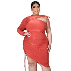 European And American Black Round Neck Solid Color Irregular Large Size Dress