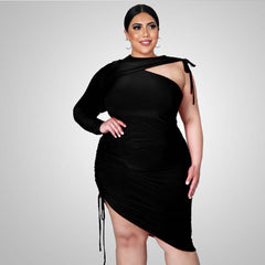 European And American Black Round Neck Solid Color Irregular Large Size Dress