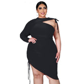 European And American Black Round Neck Solid Color Irregular Large Size Dress