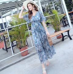 Large Size Chiffon Printed Dress For Spring And Summer New Slim Waisted V-Neck Floral Small Dress