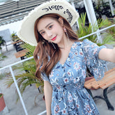 Large Size Chiffon Printed Dress For Spring And Summer New Slim Waisted V-Neck Floral Small Dress
