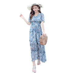 Large Size Chiffon Printed Dress For Spring And Summer New Slim Waisted V-Neck Floral Small Dress