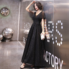 Evening Dress Female New Black Long Section V-Neck Party Slim Slim Sequin Dress Banquet Evening Dress