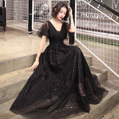 Evening Dress Female New Black Long Section V-Neck Party Slim Slim Sequin Dress Banquet Evening Dress