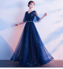 Beauty-Emily Tulle V Neck Ruffle Evening Dresses Long A-line Crystal Formal Dress Party Prom Gowns Lace Up Back Vestido de noche