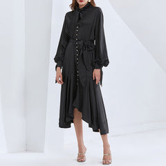 Bib-Style Lantern Sleeves Single-Breasted Design Lace-Up Irregular Jumpsuit