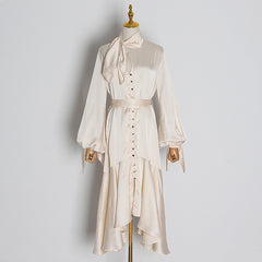 Bib-Style Lantern Sleeves Single-Breasted Design Lace-Up Irregular Jumpsuit