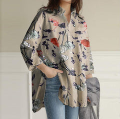 European And American Long-Sleeved Loose Large Size Casual Irregular Printed Blouse