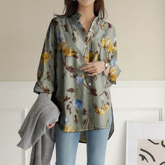 European And American Long-Sleeved Loose Large Size Casual Irregular Printed Blouse