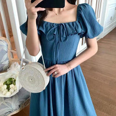 Bubble Sleeve Tie Square Collar Dress Large Size